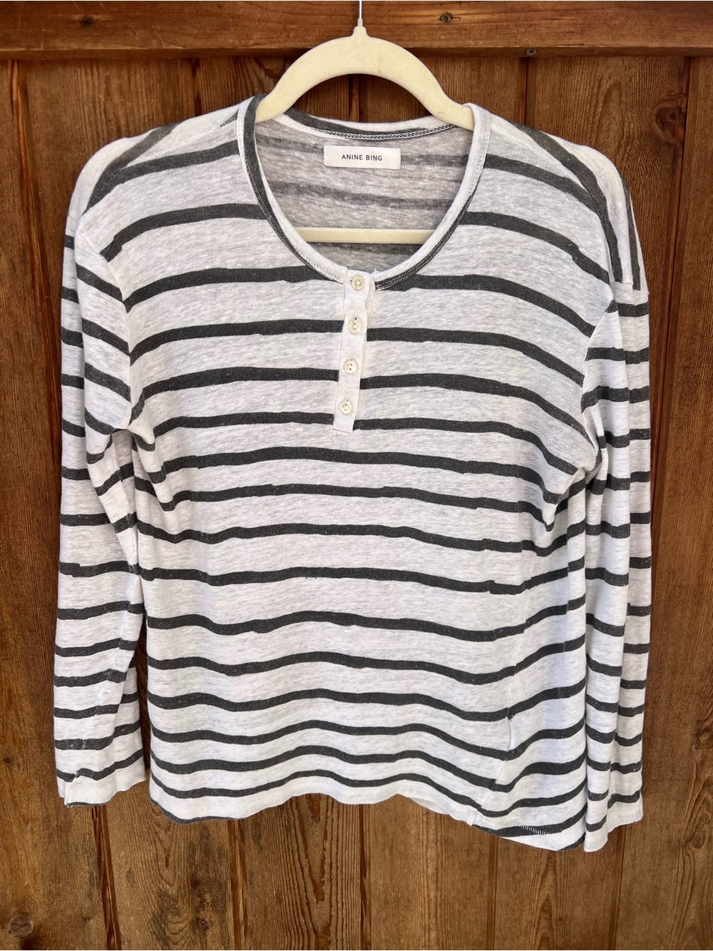 ANINE BING 100% Linen Striped Henley Long Sleeve Tee White Gray Size S